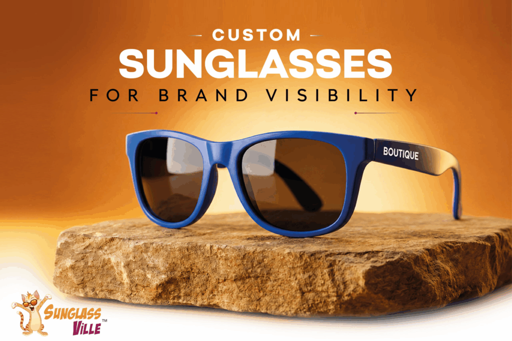 Custom sunglasses displayed on a stone platform, featuring the message 'Custom Sunglasses For Brand Visibility' and custom logo branding.