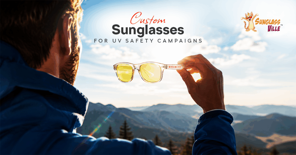 Custom sunglasses held against sunlight, illustrating their use in UV Safety Awareness Month campaigns and outdoor sun protection.