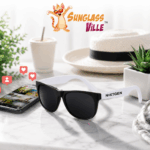 Custom promotional sunglasses with logo imprint styled next to a phone displaying Instagram likes and photos