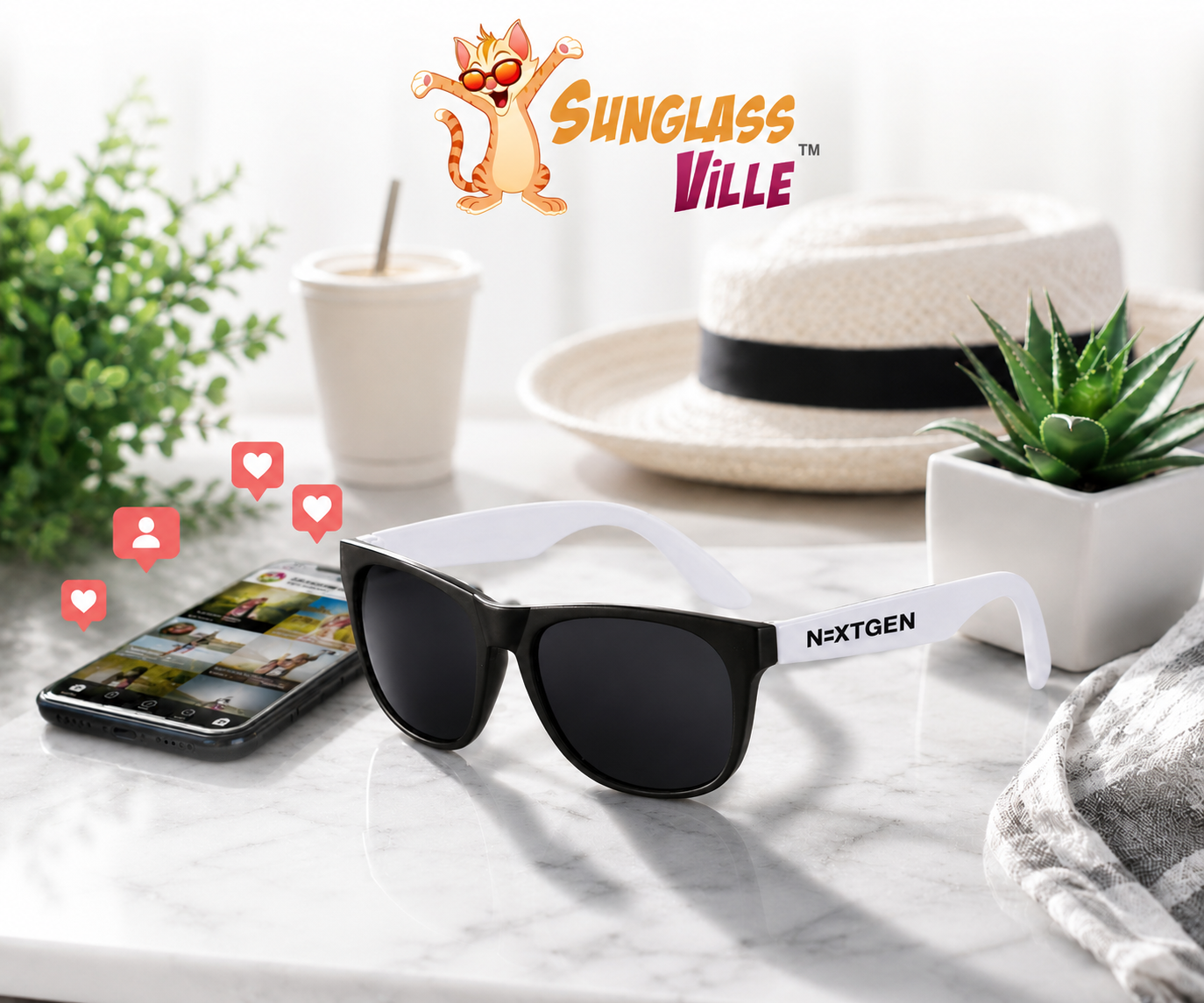 Custom promotional sunglasses with logo imprint styled next to a phone displaying Instagram likes and photos