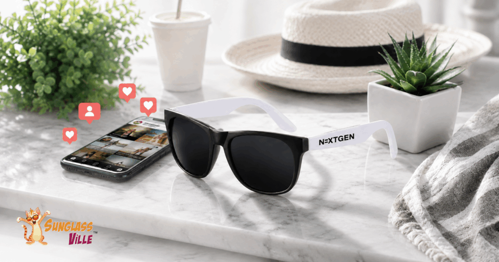 Custom promotional sunglasses with logo imprint styled next to a phone displaying Instagram likes and photos