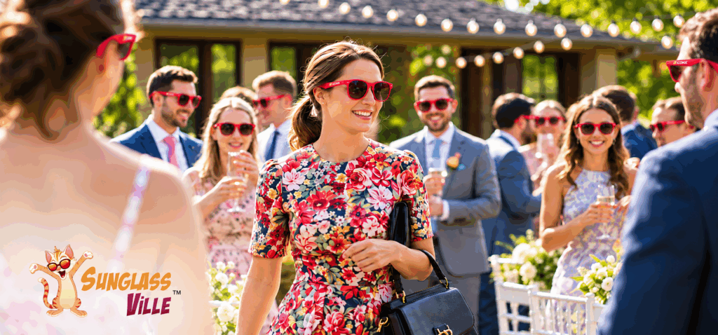 Guests wearing branded red promotional sunglasses at an outdoor event.