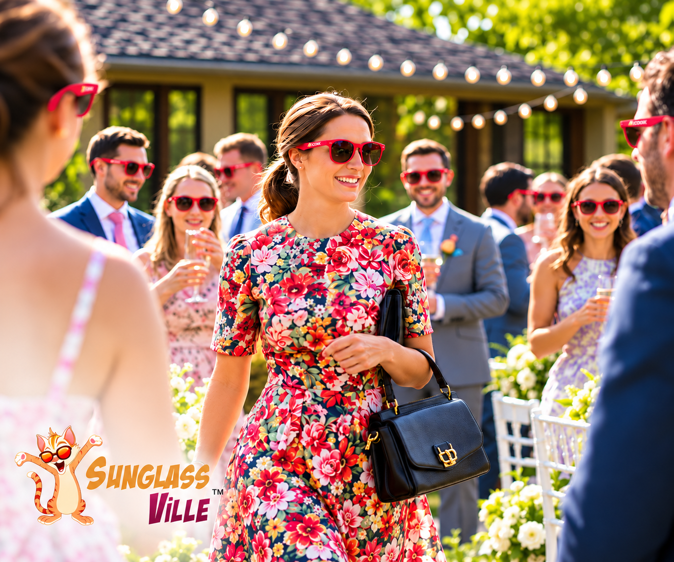 Guests wearing branded red promotional sunglasses at an outdoor event.